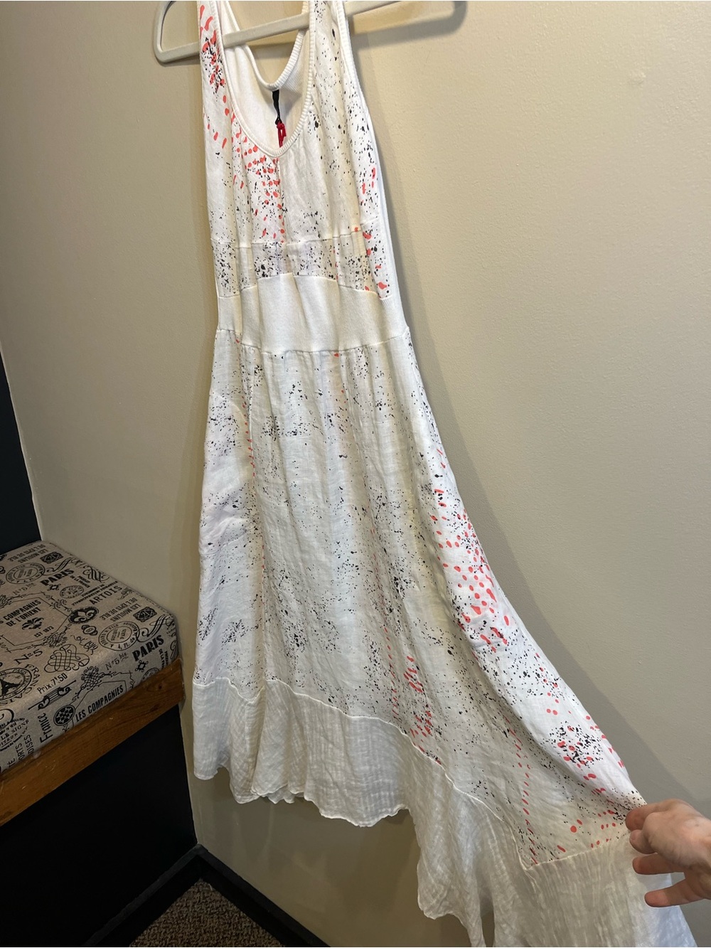 Women's White Asymmetrical Maxi Dress with Subtle Coral and Black Speckle Detail